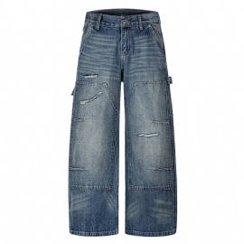 Vintage Men's Jeans Worn-out Wide Leg Straight Fit Denim Pants