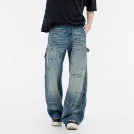 Vintage Men's Jeans Worn-out Wide Leg Straight Fit Denim Pants